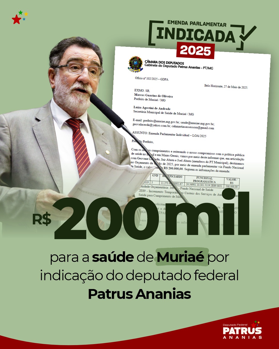 Patrus Ananias destina R$ 200 mil para a saúde de Muriaé